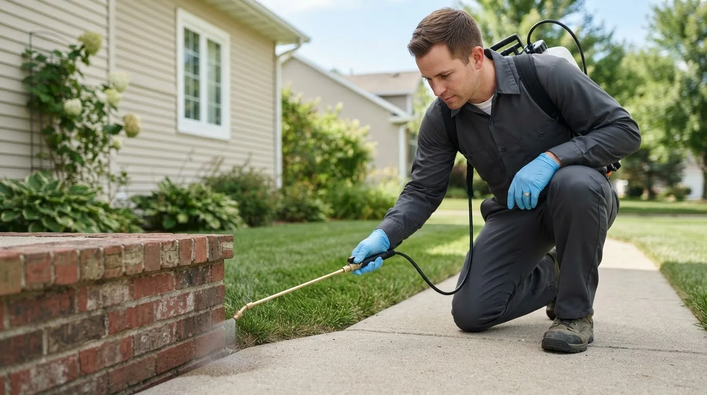 Pest control technician treating a home near Indian, AK