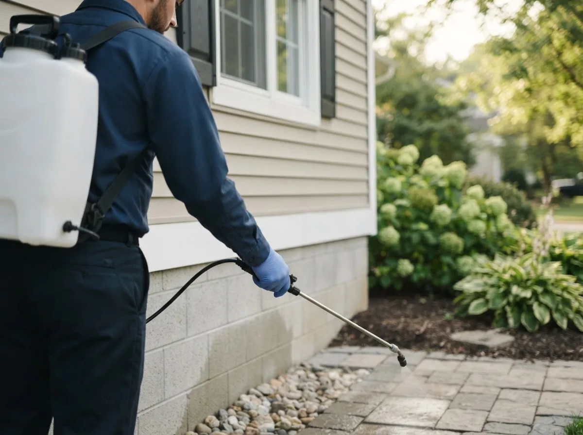 Pest control technician inspecting a home in Indian, AK